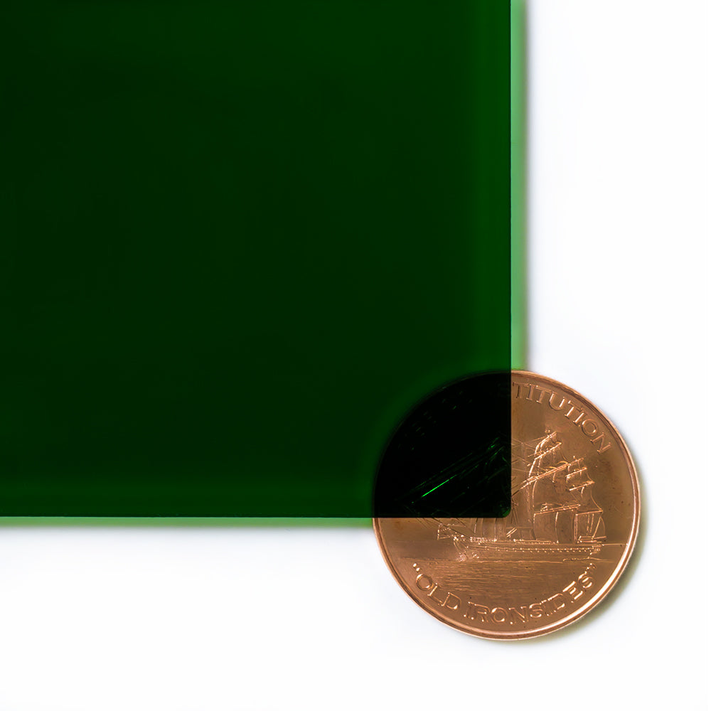 2092 Green transparent cast acrylic sheet sample with penny for scale