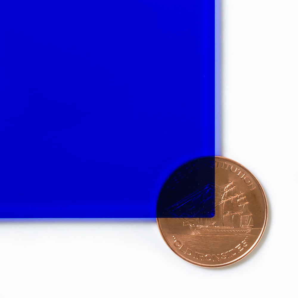 2424 Blue transparent cast acrylic sheet sample with penny for scale